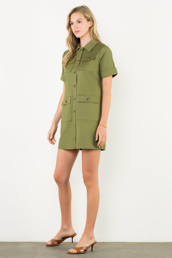 THML UTILITY POCKET BUTTON-FRONT OLIVE MINI DRESS – STRUCTURED YET EFFORTLESS