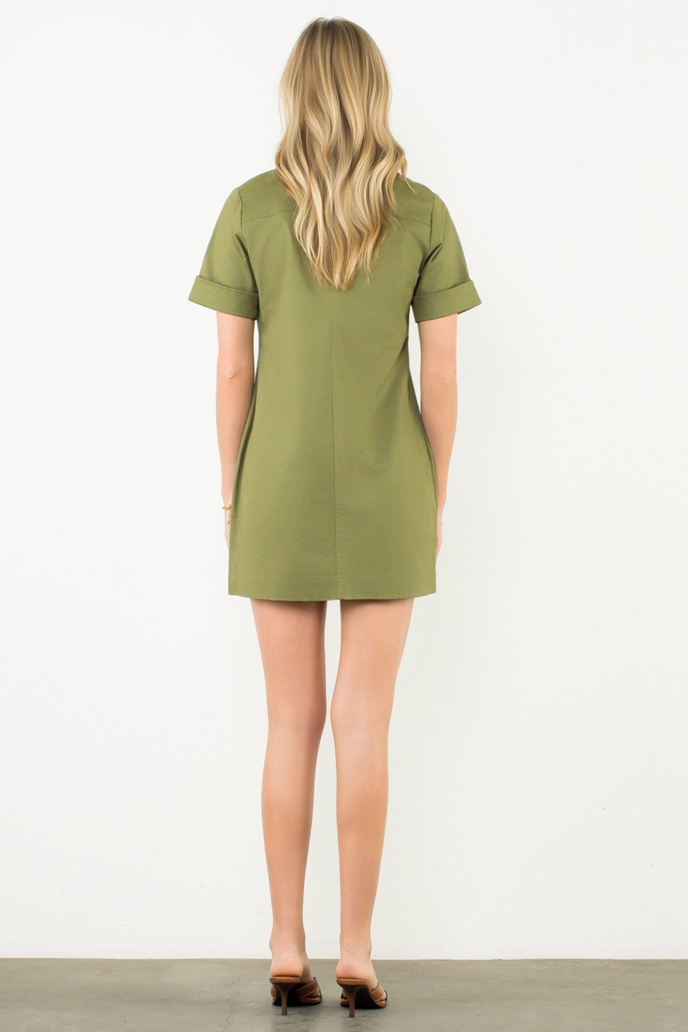 THML UTILITY POCKET BUTTON-FRONT OLIVE MINI DRESS – STRUCTURED YET EFFORTLESS