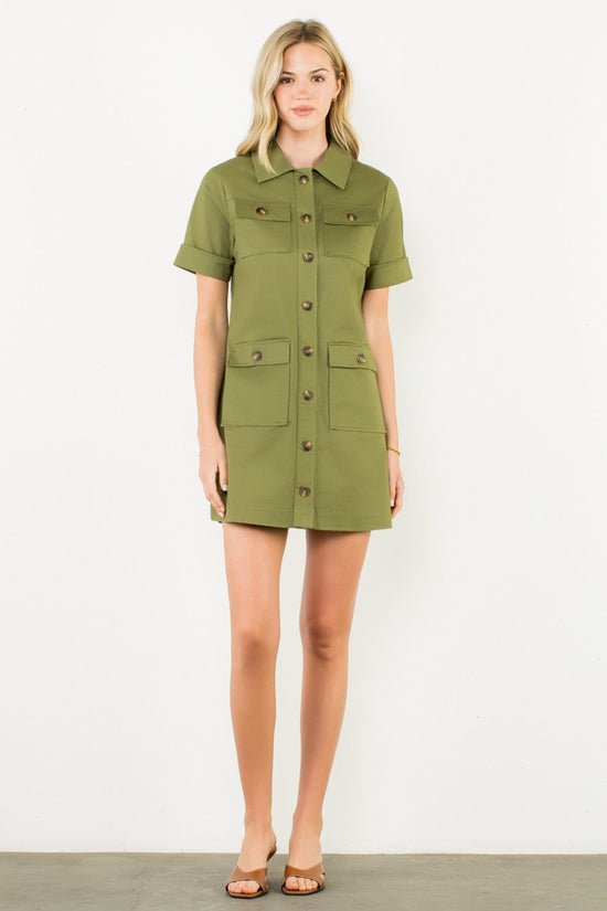 THML UTILITY POCKET BUTTON-FRONT OLIVE MINI DRESS – STRUCTURED YET EFFORTLESS 