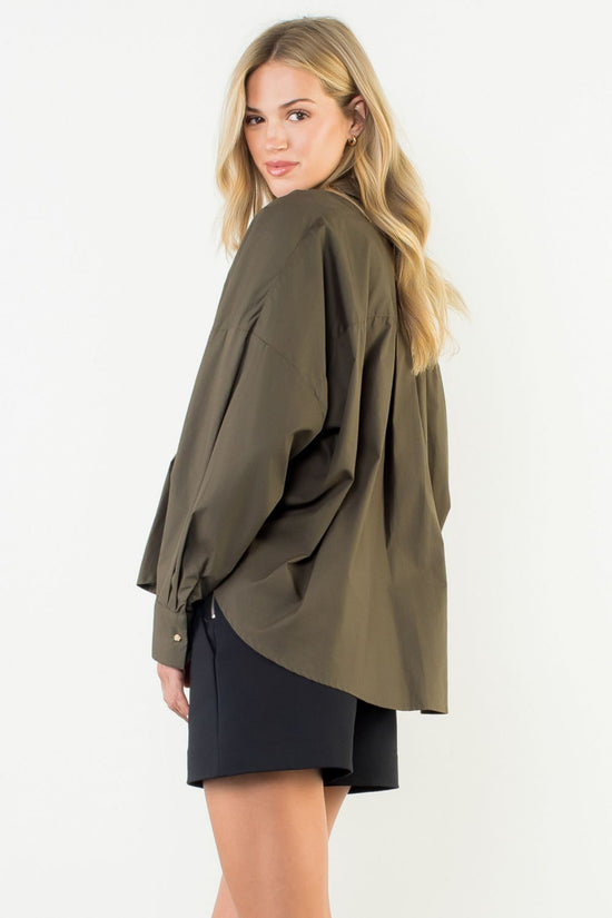 THML COLLARED LONG SLEEVE V-NECK TOP