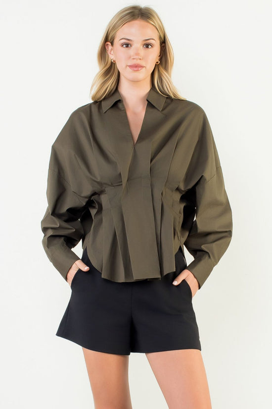 THML COLLARED LONG SLEEVE V-NECK TOP