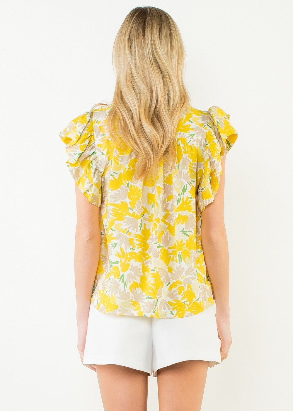 YELLOW FLUTTER SLEEVE FLORAL TOP