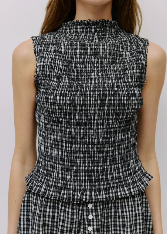 MOD REF THE GINA TOP – A PLAID SMOCKED TANK WITH A ROMANTIC RUFFLED NECKLINE