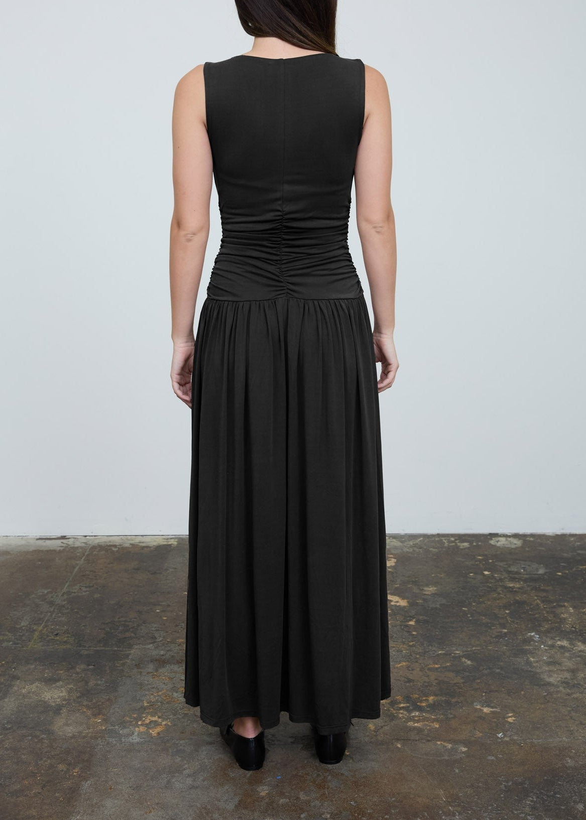 Black Gathered Bodice Sleeveless Maxi Dress