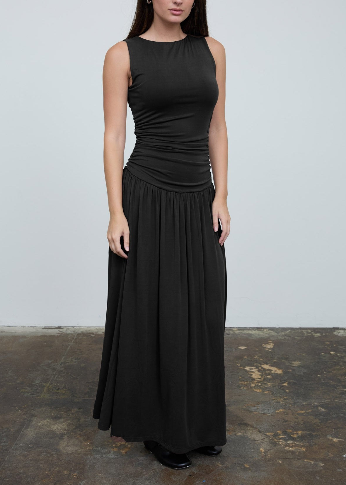 Black Gathered Bodice Sleeveless Maxi Dress
