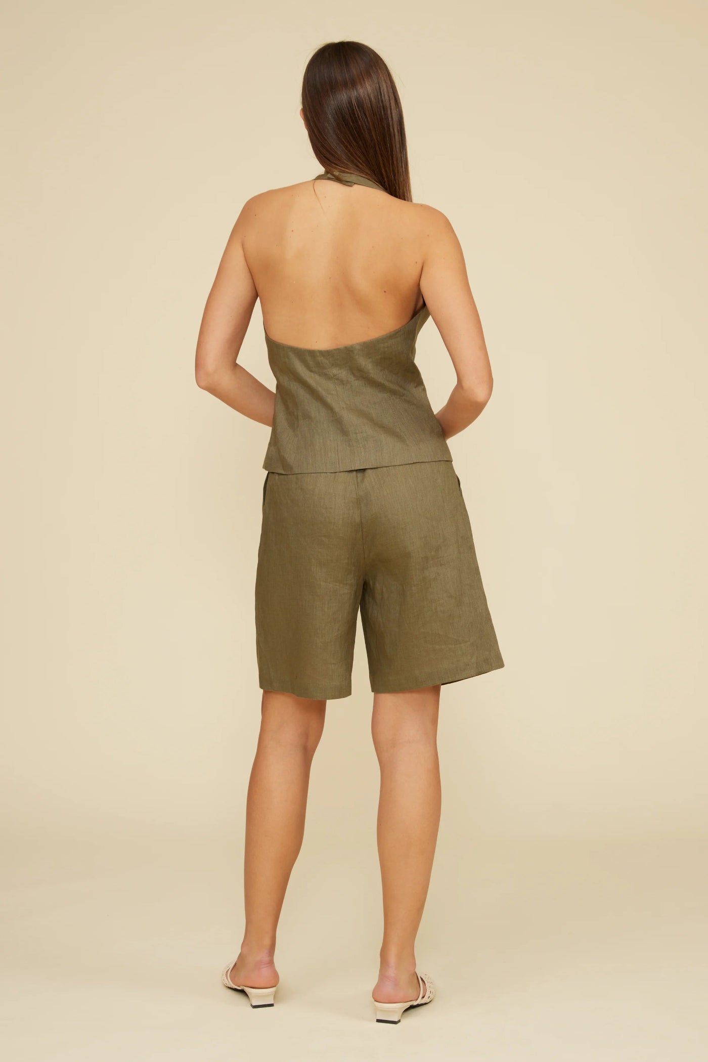 LUCY PARIS INAYA HALTER VEST – OLIVE LINEN PERFECTION OPEN BACK