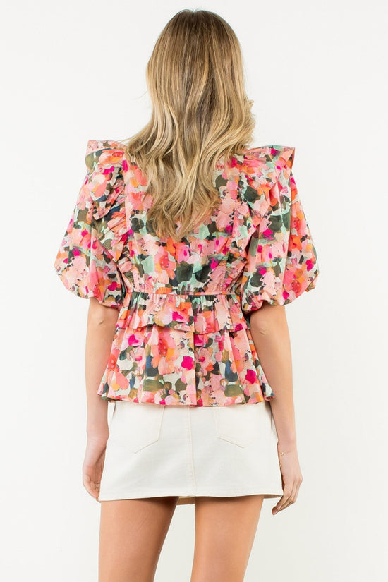THML RUFFLE TIE NECK PUFF SLEEVE FLORAL TOP – A MULTICOLOR WOVEN COTTON BLOUSE WITH ROMANTIC DETAILING