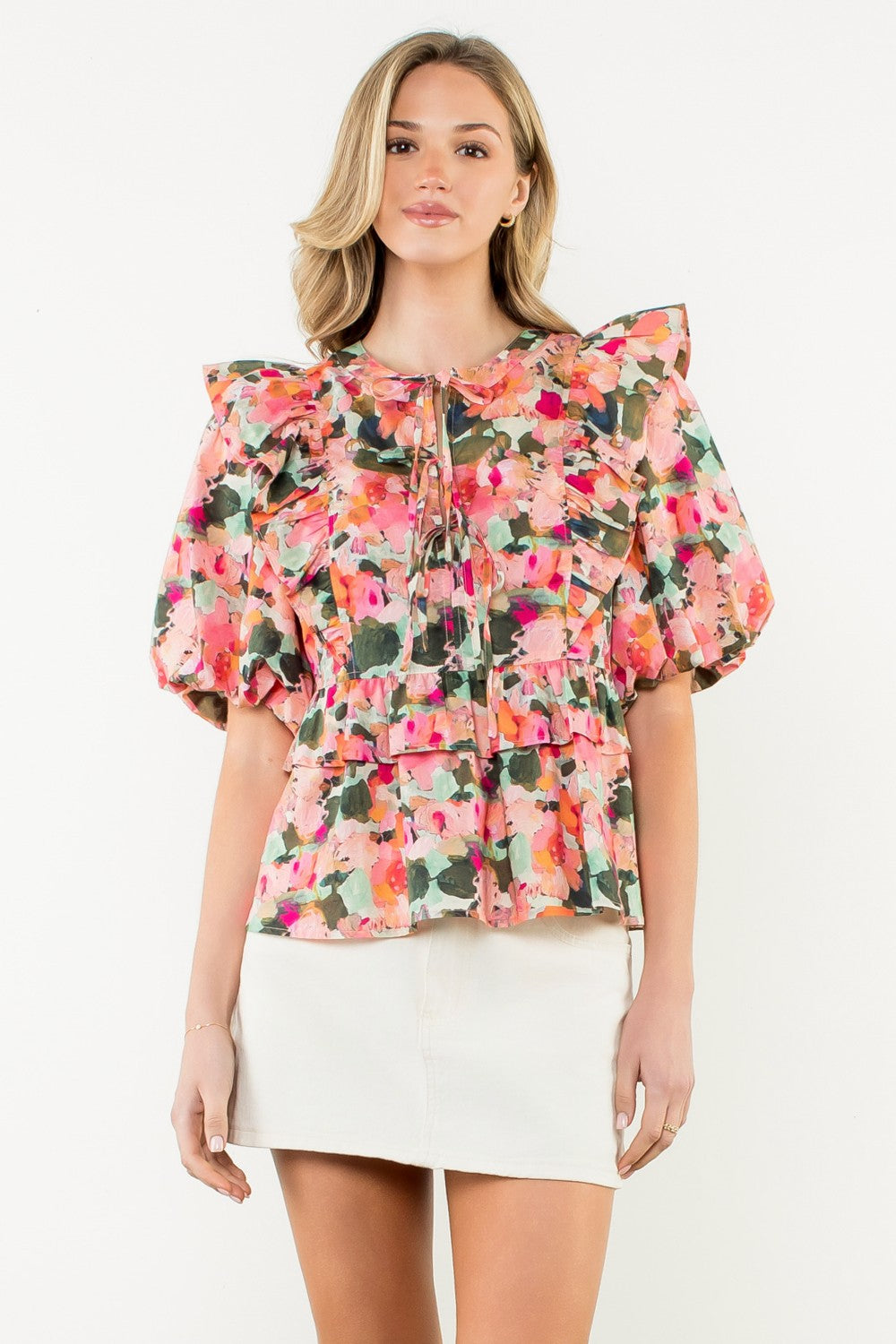 RUFFLE TIE NECK PUFF SLEEVE FLORAL TOP – A MULTICOLOR WOVEN COTTON BLOUSE WITH ROMANTIC DETAILING