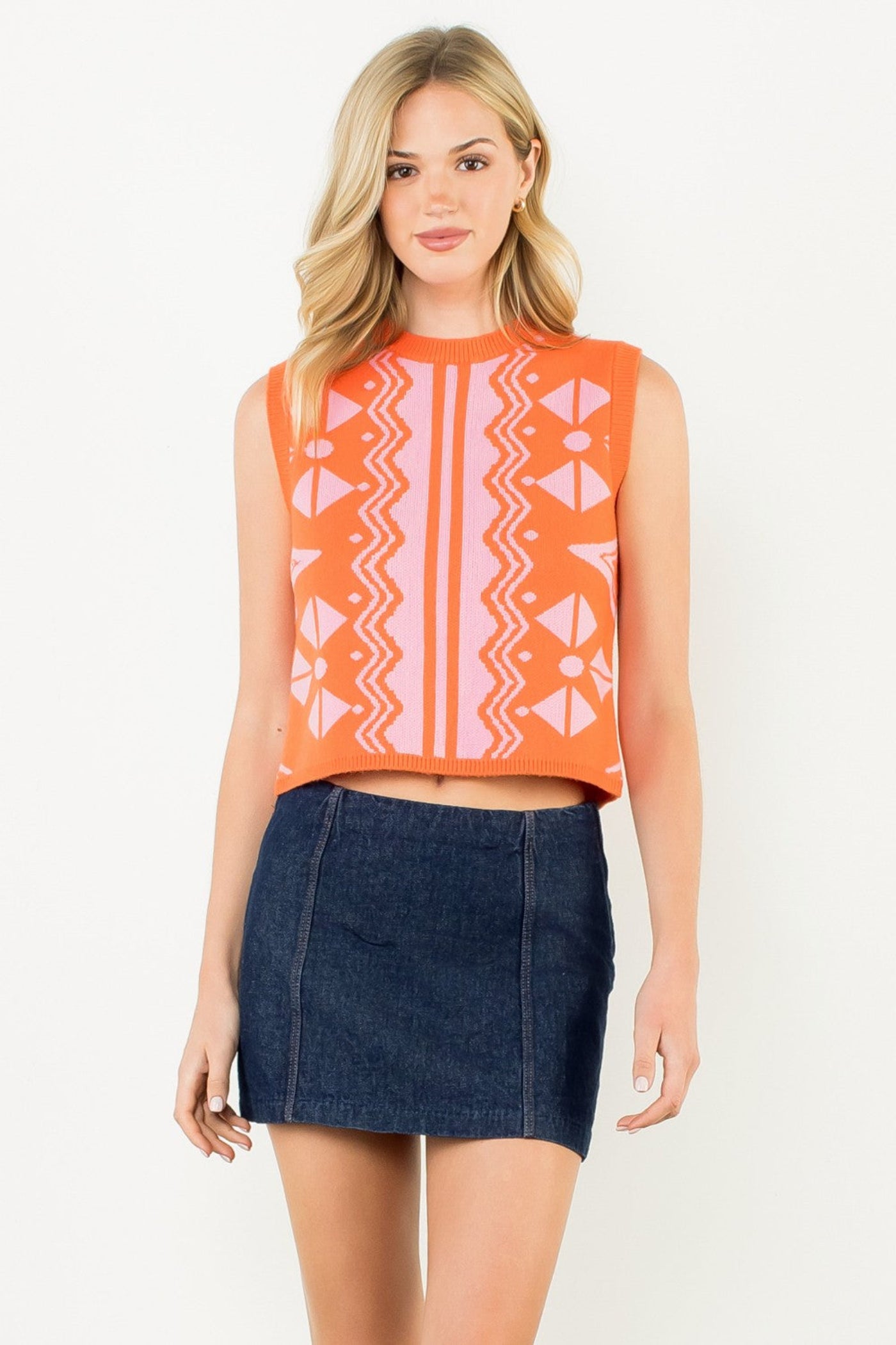 THML SLEEVELESS PATTERN KNIT TOP – ORANGE & PINK POP