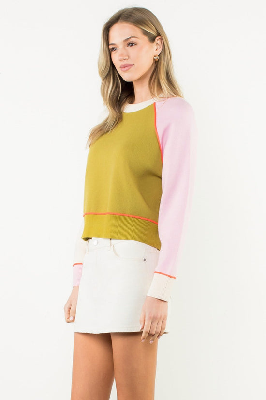 THML COLORBLOCK CONTRAST TRIM KNIT SWEATER – OLIVE, PINK & CREAM
