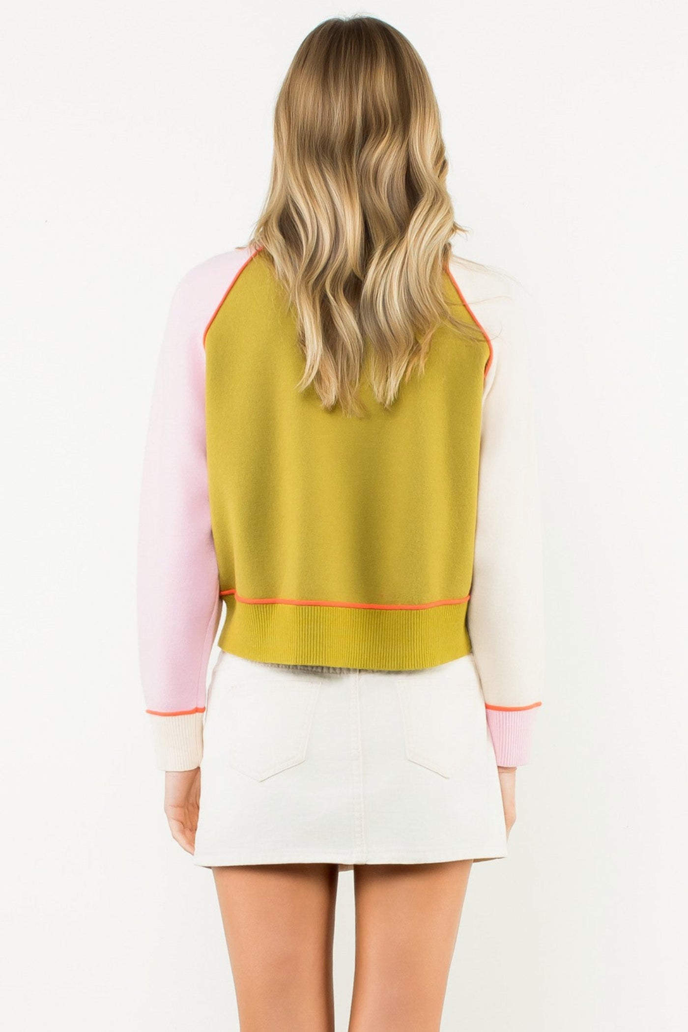 THML COLORBLOCK CONTRAST TRIM KNIT SWEATER – OLIVE, PINK & CREAM