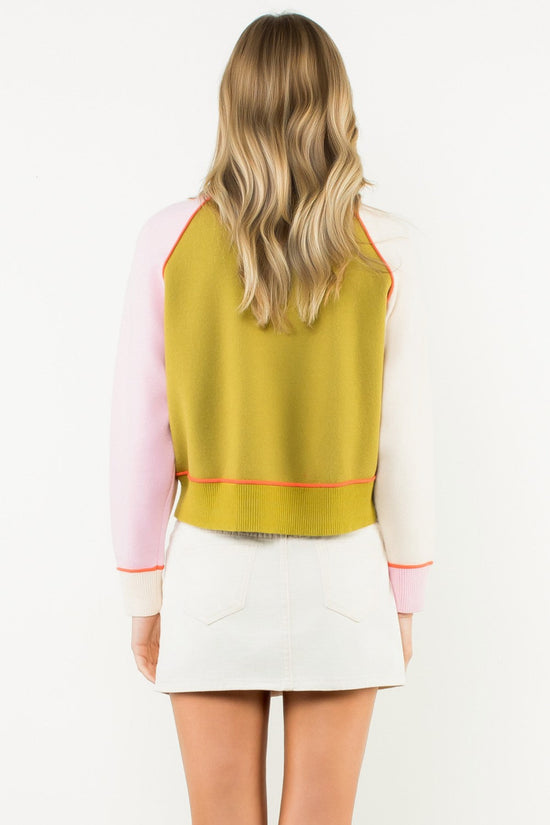 THML COLORBLOCK CONTRAST TRIM KNIT SWEATER – OLIVE, PINK & CREAM