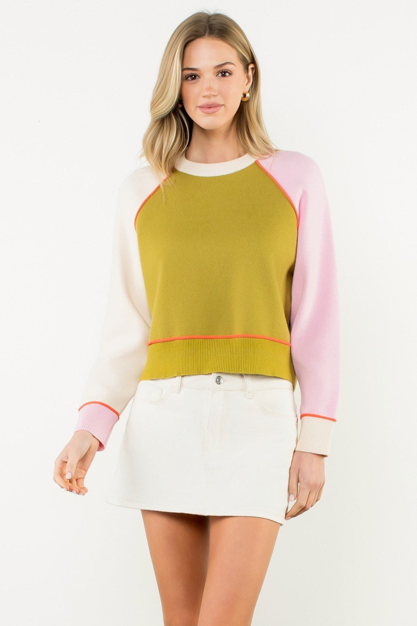 THML COLORBLOCK CONTRAST TRIM KNIT SWEATER – OLIVE, PINK & CREAM