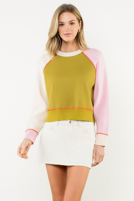 THML COLORBLOCK CONTRAST TRIM KNIT SWEATER – OLIVE, PINK & CREAM