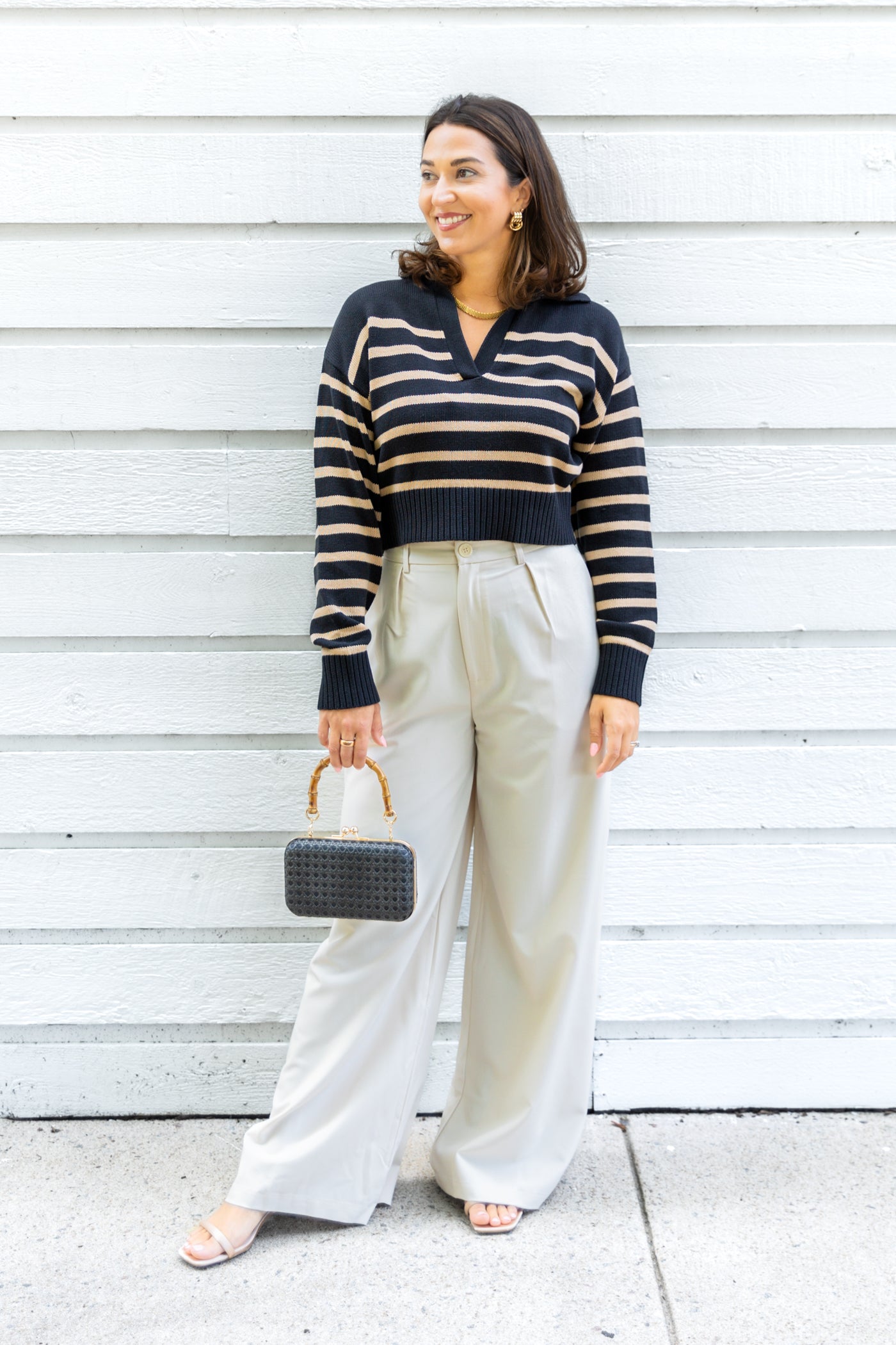 OLIVACEOUS STRIPED CROPPED SWEATER 