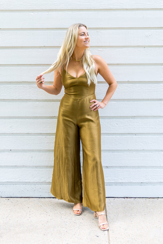 STORIA OLIVE SHEEN DEEP V JUMPSUIT