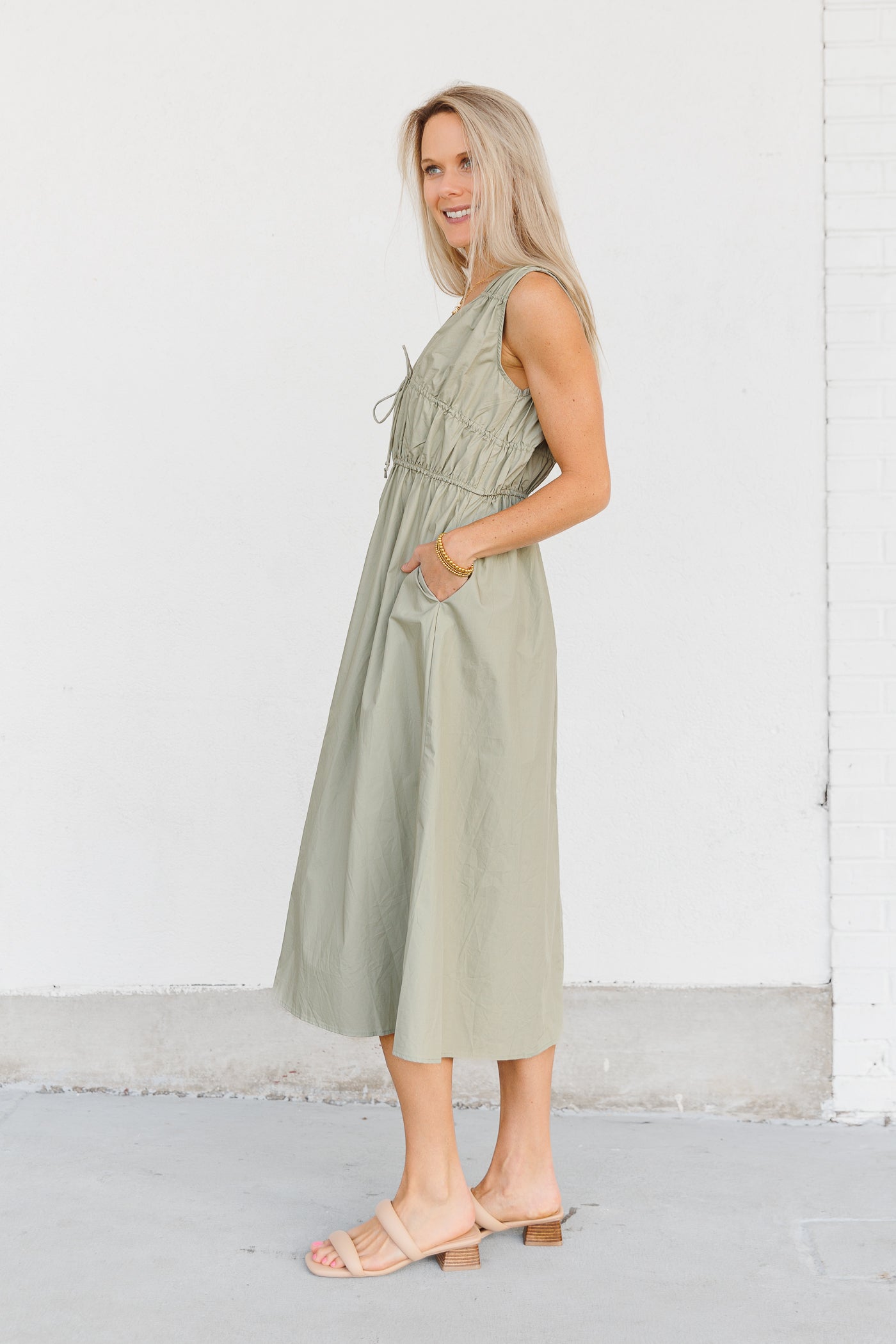 MOD REF SAGE GREEN ADJUSTABLE RUCHING MIDI DRESS