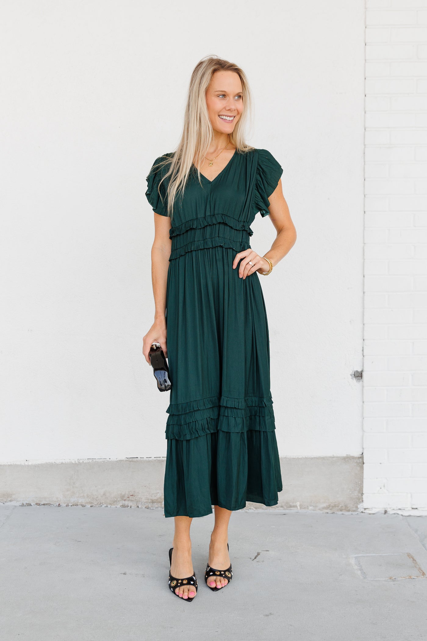 GRADE & GATHER EMERALD MIDI DRESS WITH RUFFLING