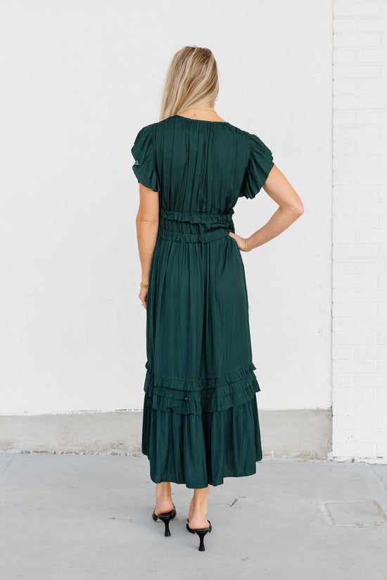 GRADE & GATHER EMERALD MIDI DRESS WITH RUFFLE SLEEVES