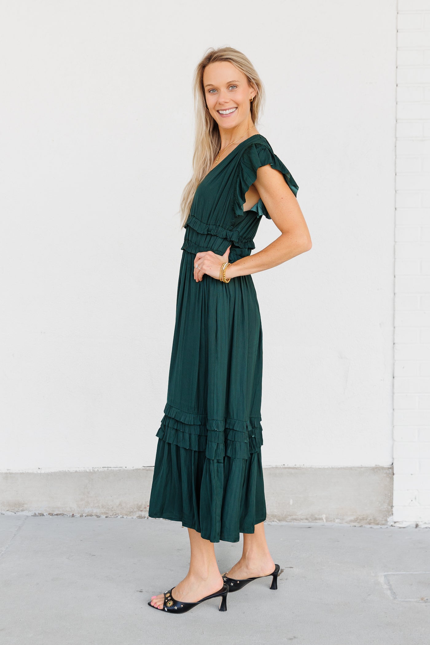 GRADE & GATHER EMERALD MIDI DRESS RUFFLE WAISTBAND