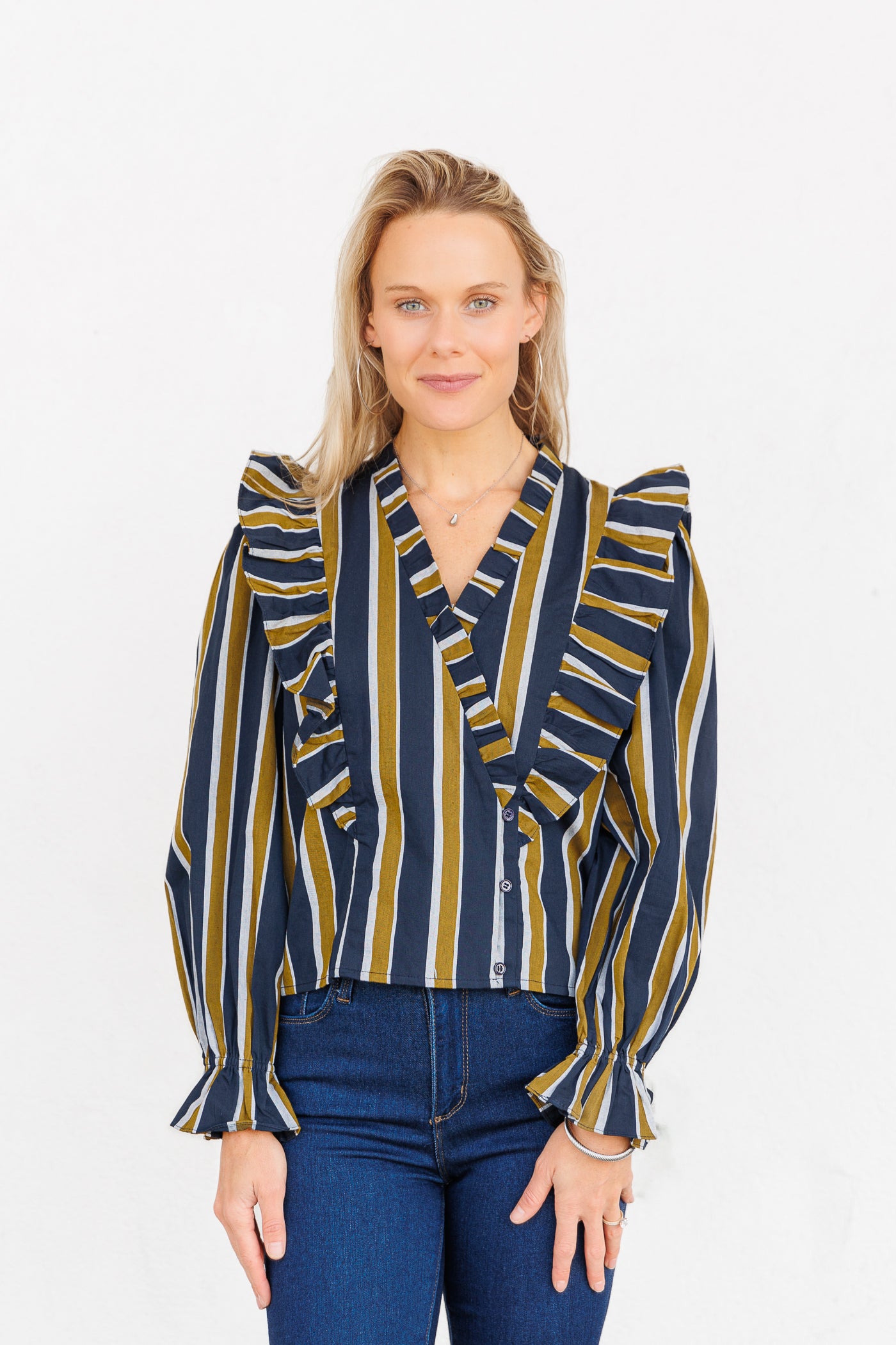 FRNCH BLUE STRIPED COTTON WRAP BLOUSE