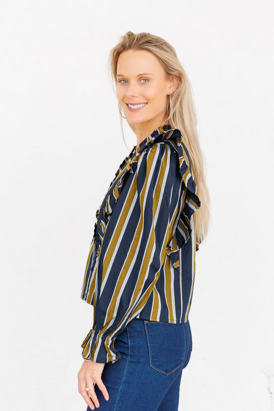 FRNCH LONG SLEEVE BLUE STRIPED COTTON WRAP BLOUSE