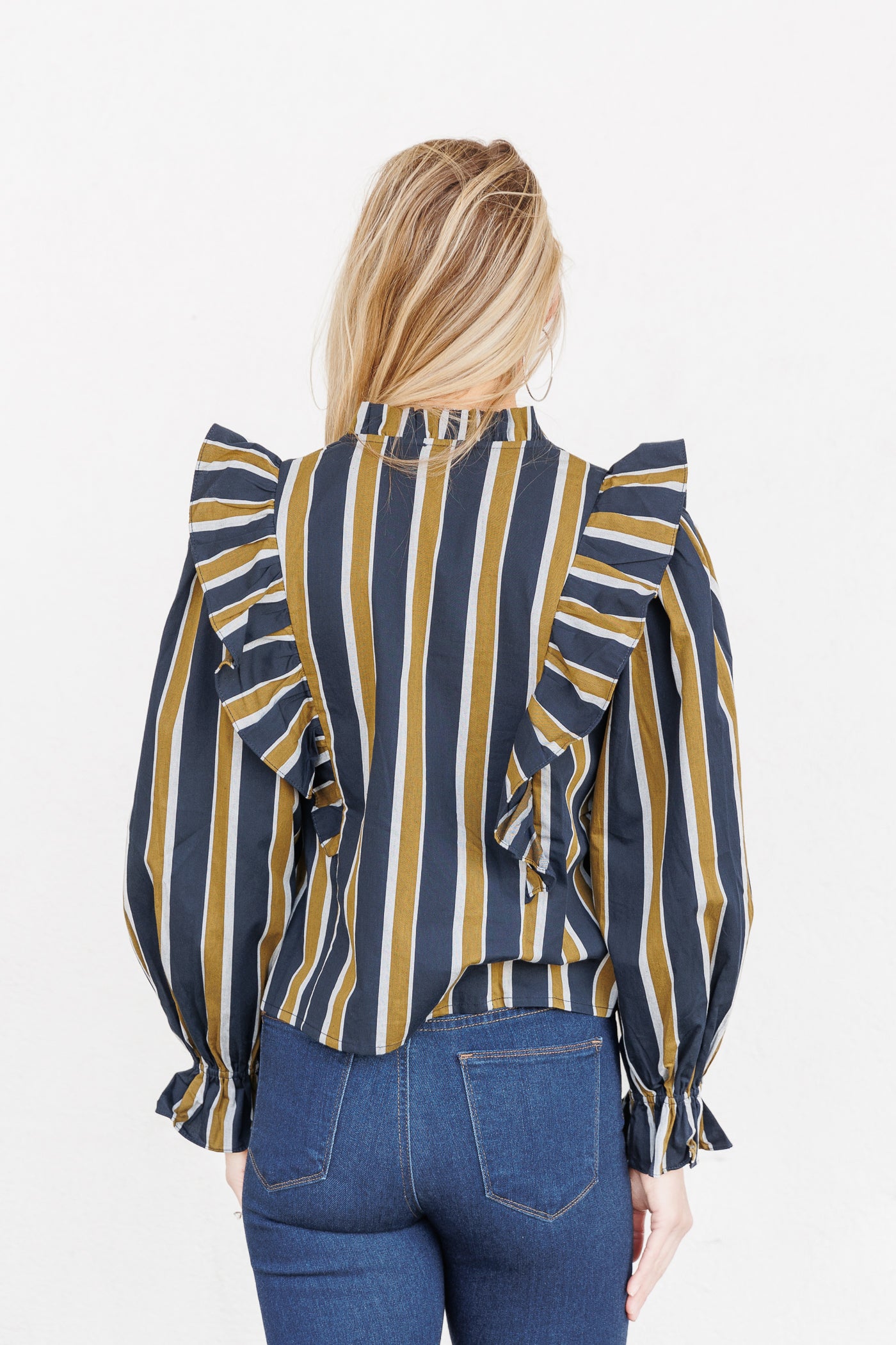 FRNCH RUFFLE BLUE STRIPED COTTON WRAP BLOUSE