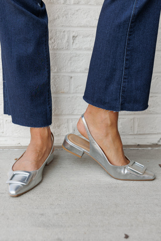 CHINESE LAUNDRY SWEETIE SILVER POINTED TOE SLINGBACK FLATS 