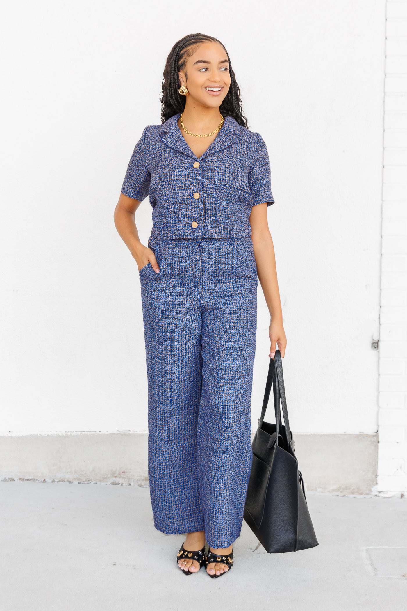 SKIES ARE BLUE BLUE AND GREY TWEED CROPPED SHOET SLEEVE BLAZER 