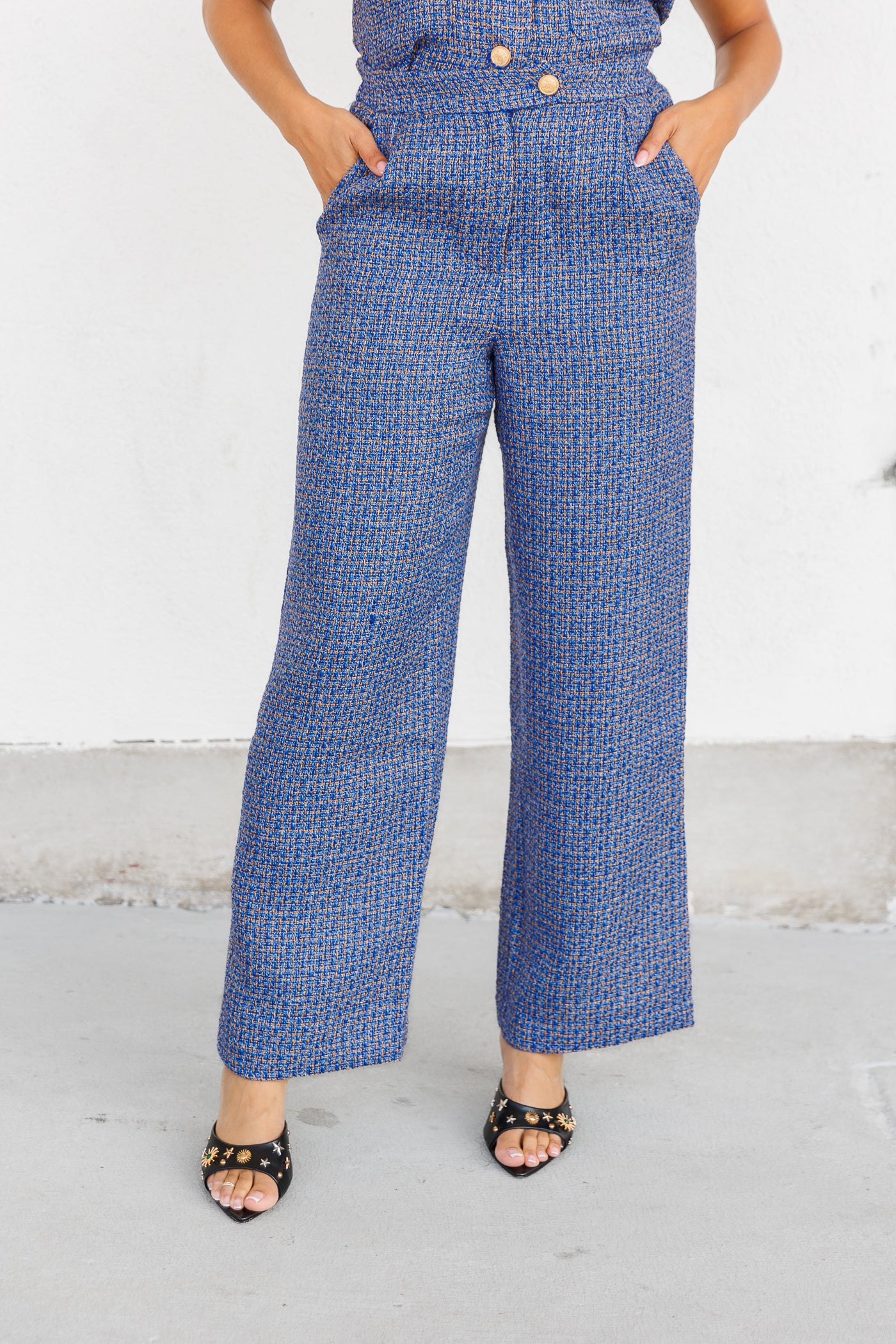 SKIES ARE BLUE TWEED PLEATED HIGH-WAIST PANTS