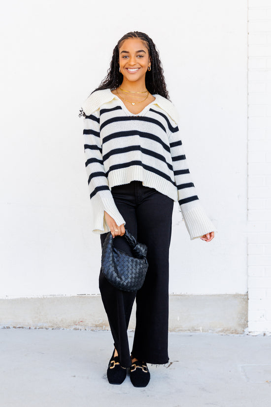 OLIVACEOUS RELAXED FIT STRIPED SWEATER WITH COLLAR AND SLIT ON SLEEVES 