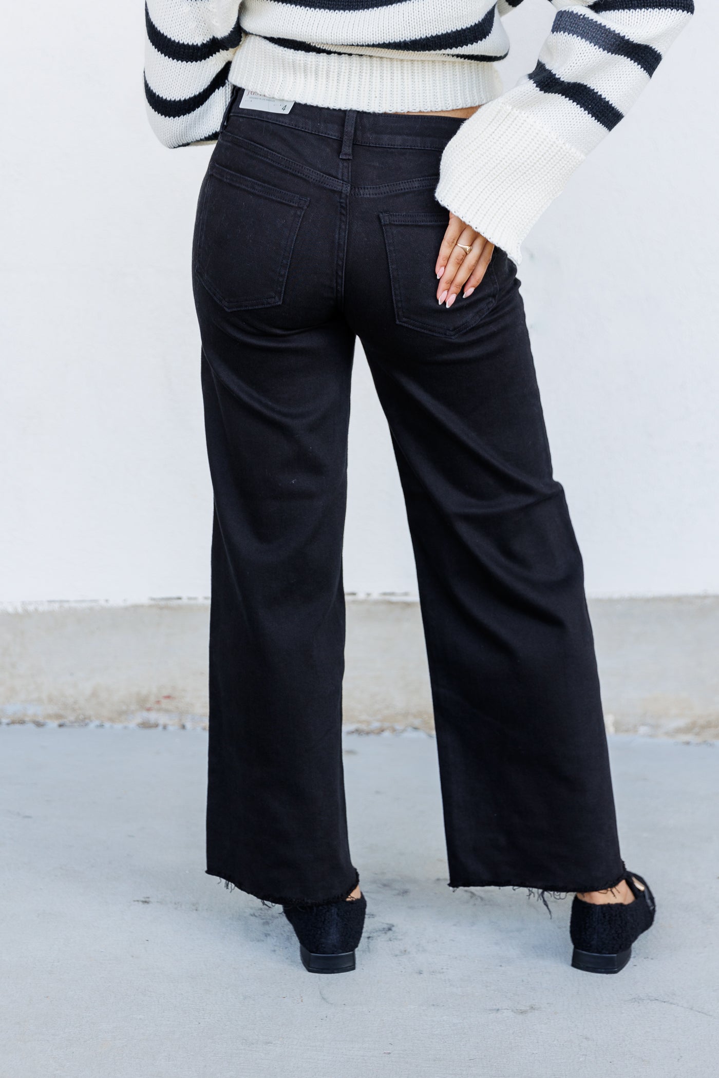 JUST USA BLACK WASH MID RISE WIDE LEG PANTS FRAYED BOTTOMS